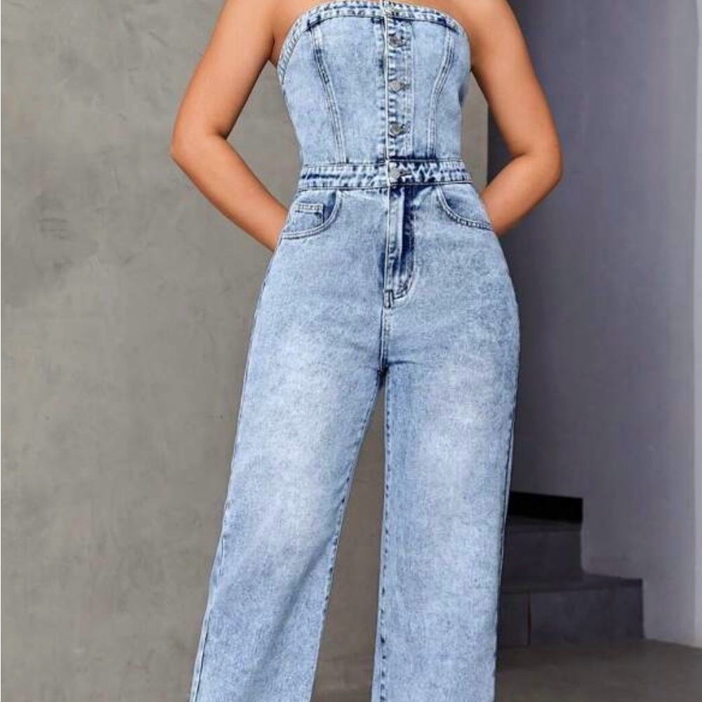 Women's Blue Denim Strapless Jumpsuits
